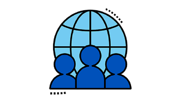 Globe with silhouettes of three people in front of it
