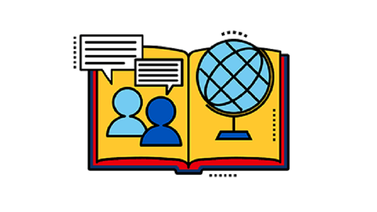 An open book with silhouettes of two people and a globe on the pages