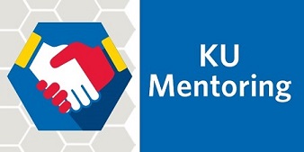 Two hands interlocked in a handshake as the KU Mentoring logo